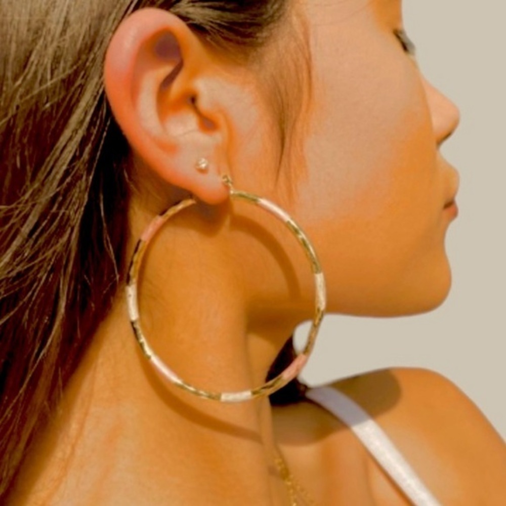 Tri colored Gold rose silver beveled earrings 14K Diamond cut Hoop Earrings